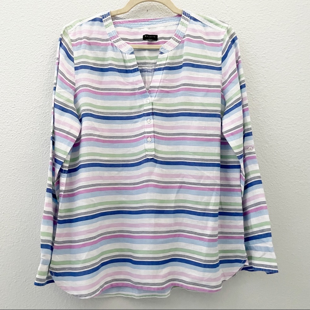 Talbots 100% linen purple striped button down size large petite